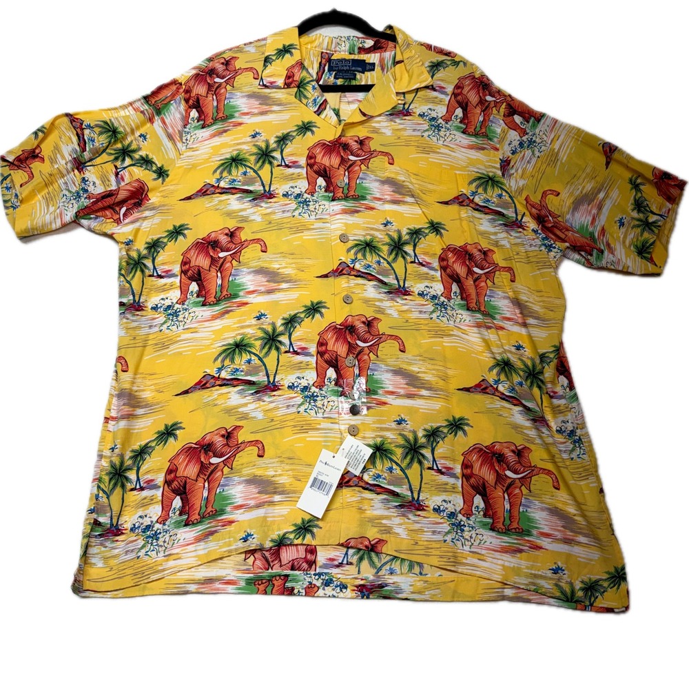 POLO RALPH LAUREN Shirt Mens XL Caldwell Yellow Viscose Elephant Print NWT